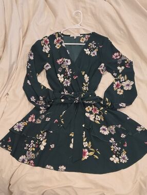 Purple Snow Forest Green Floral Wrap Dress with Self-Tie Waist